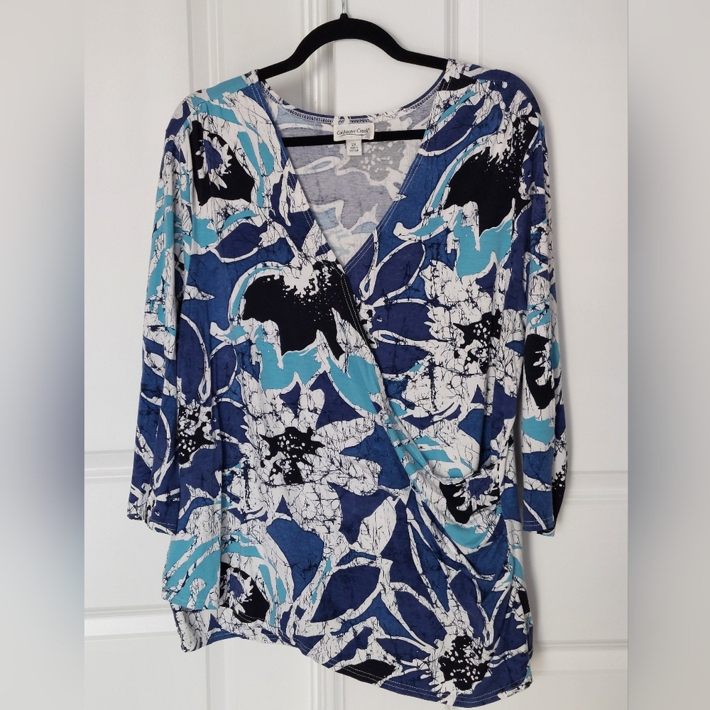Coldwater Creek Green Crossbody Wrap Blouse 3/4 Sleeve Floral Top Ruched Size 2X